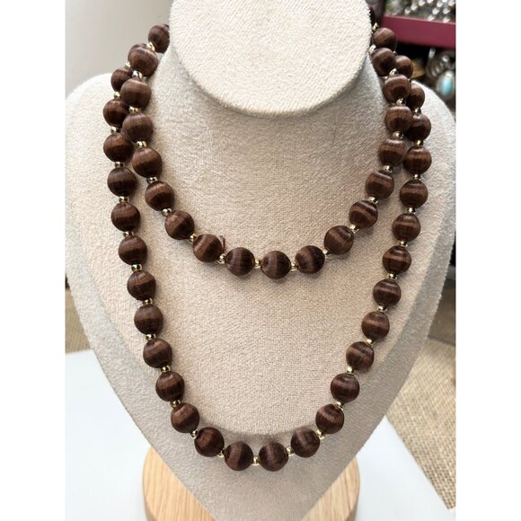 Brown satin thread Beaded Necklace With Gold Accents 30 Inches Long - Picture 2 of 6
